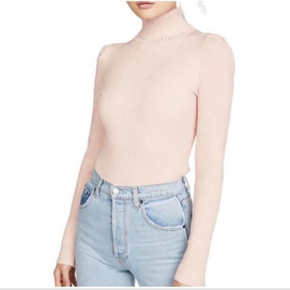 525 America Metallic Rib Puff Sleeve Turtleneck Sweater, M, gold